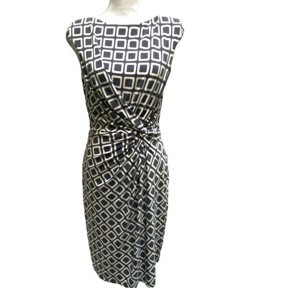 Lauren Ralph Lauren‎ Cream & Gray Geometric Print Stretch MIDI with Roused Waist - Picture 8 of 8